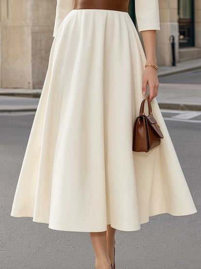 Contrast Lapel Belted Flared Midi Dress