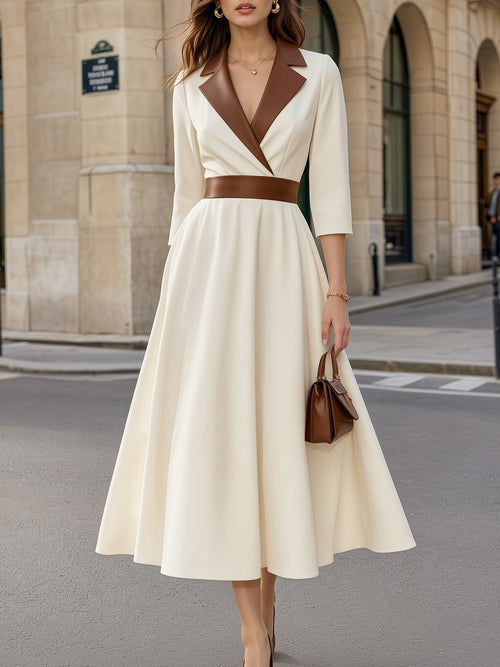 Contrast Lapel Belted Flared Midi Dress