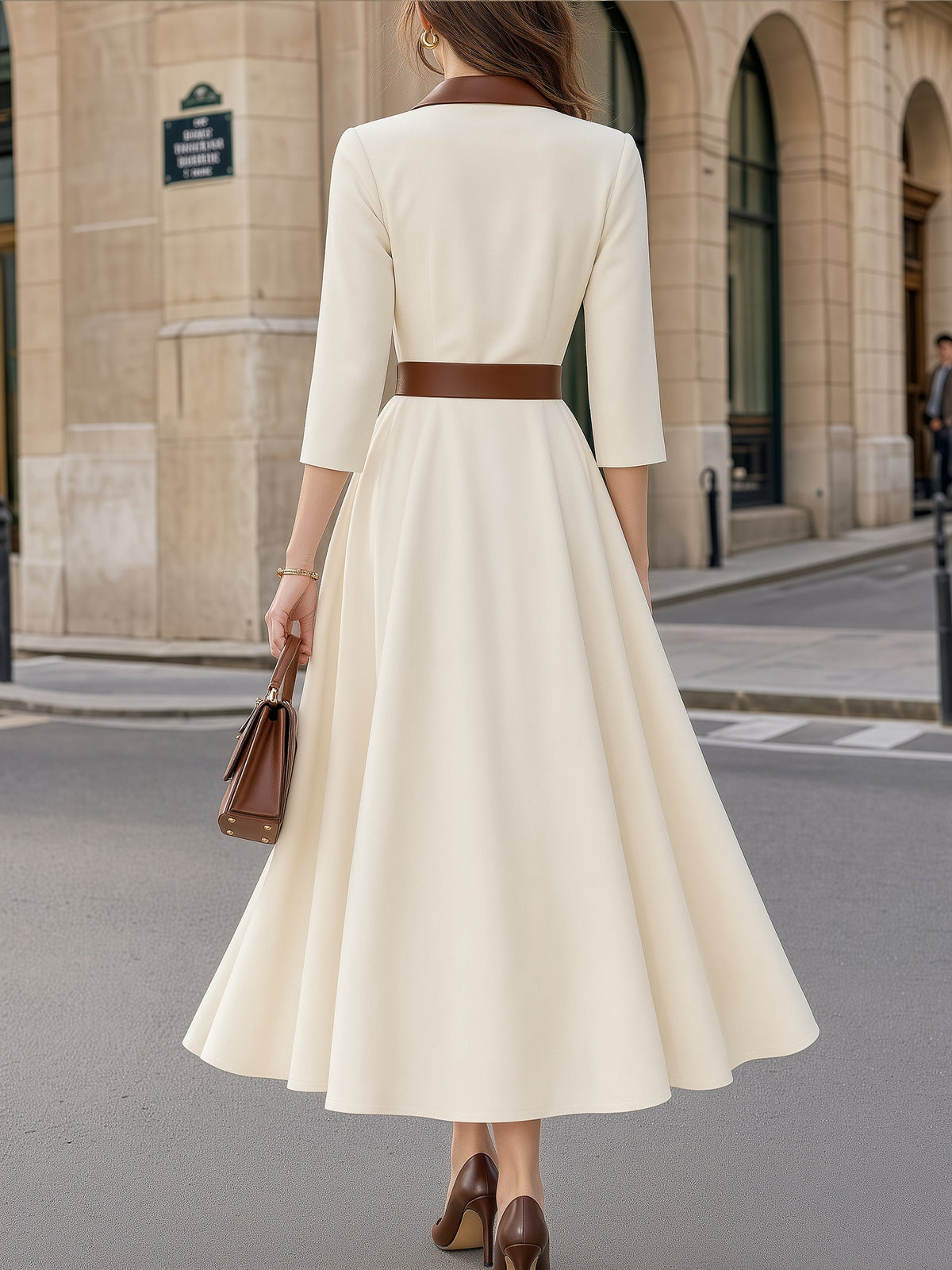 Contrast Lapel Belted Flared Midi Dress