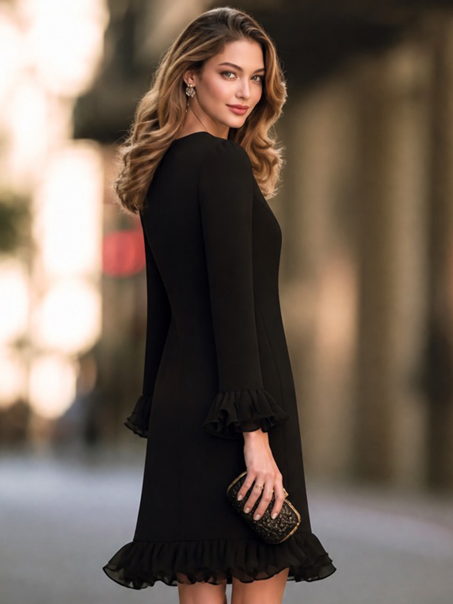 Elegant V-Neck Long Sleeve Ruffle Hem Black Dress