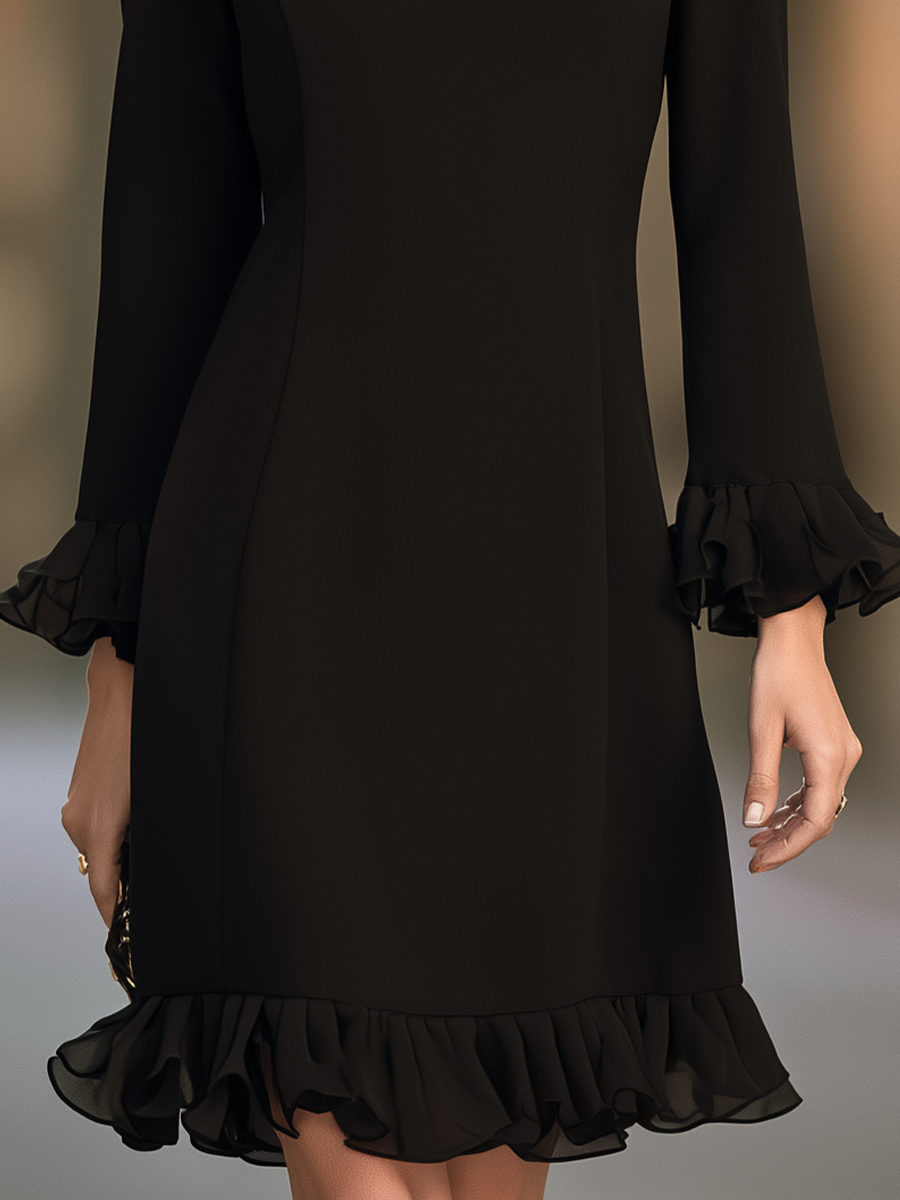 Elegant V-Neck Long Sleeve Ruffle Hem Black Dress