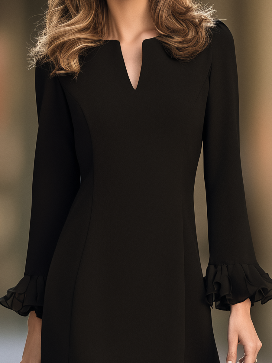Elegant V-Neck Long Sleeve Ruffle Hem Black Dress