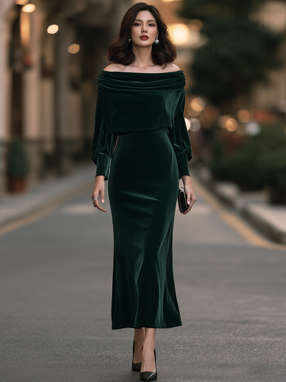 Off-Shoulder Foldover Neck Velvet Sheath Maxi Dress