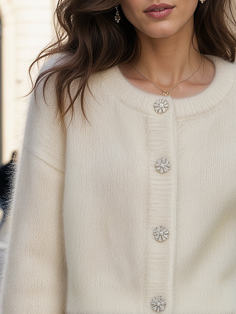 Crystal-Button Fluffy Knit Cropped Cardigan