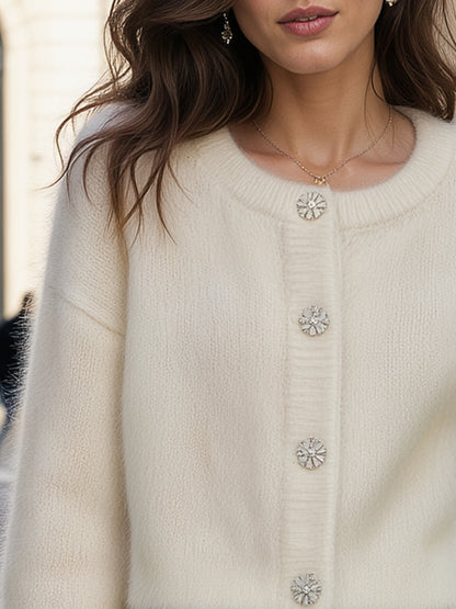 Crystal-Button Fluffy Knit Cropped Cardigan