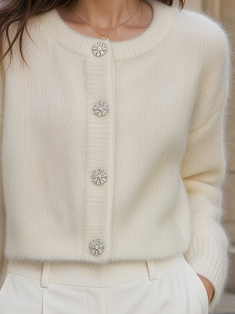 Crystal-Button Fluffy Knit Cropped Cardigan