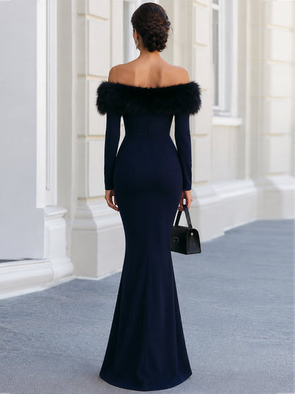 Faux‑Fur Off‑The‑Shoulder Long‑Sleeve Slit Mermaid Evening Gown
