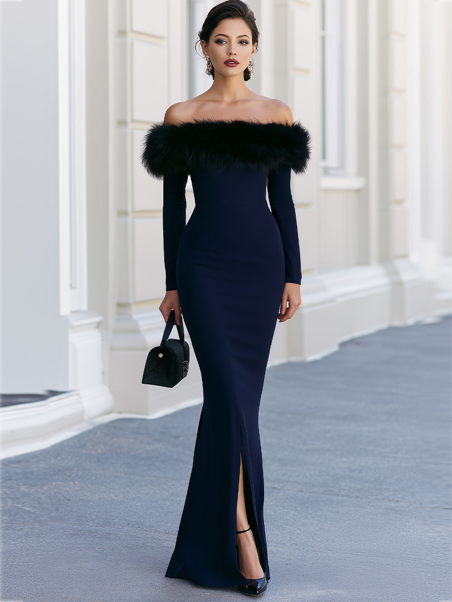 Faux‑Fur Off‑The‑Shoulder Long‑Sleeve Slit Mermaid Evening Gown