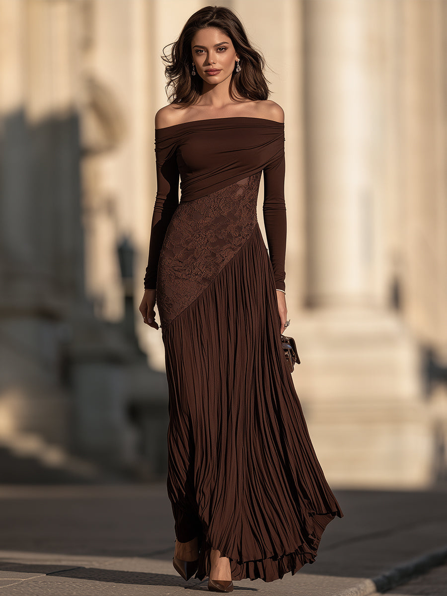 Off-Shoulder Lace Panel Pleated Maxi Dress