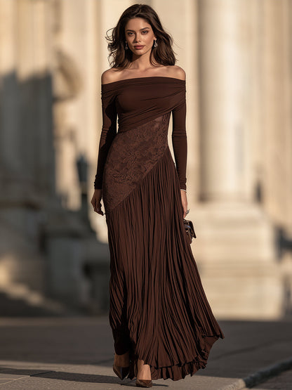 Off-Shoulder Lace Panel Pleated Maxi Dress