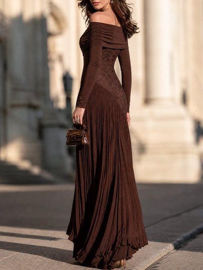 Off-Shoulder Lace Panel Pleated Maxi Dress