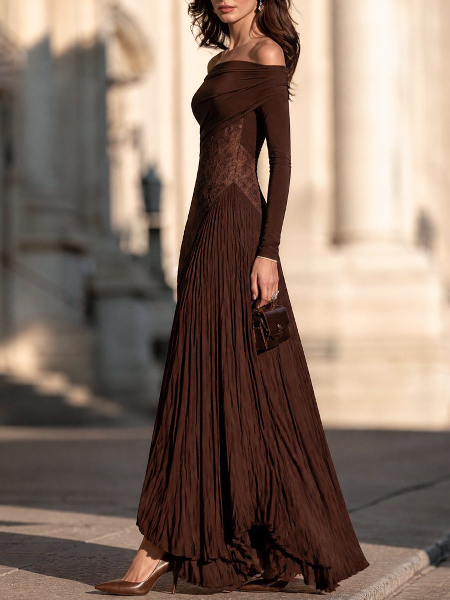 Off-Shoulder Lace Panel Pleated Maxi Dress