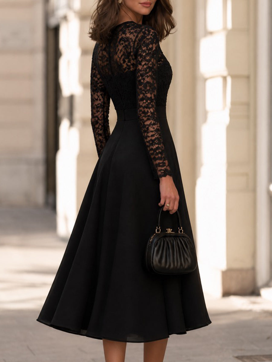 Elegant Lace Long Sleeve A-Line Midi Dress