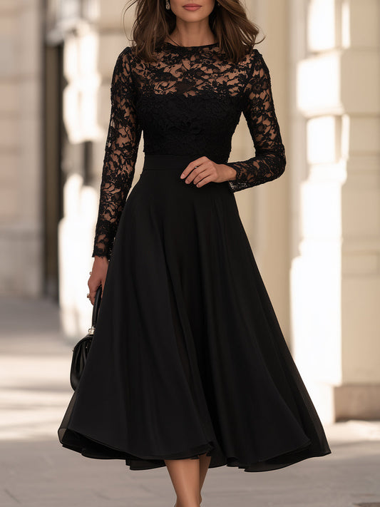 Elegant Lace Long Sleeve A-Line Midi Dress