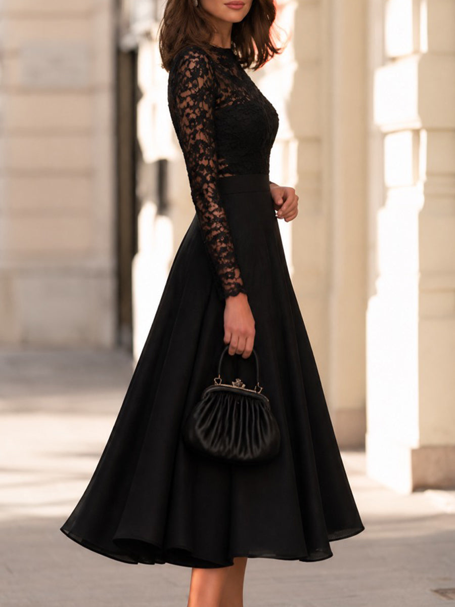Elegant Lace Long Sleeve A-Line Midi Dress