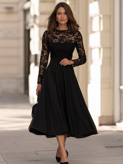 Elegant Lace Long Sleeve A-Line Midi Dress
