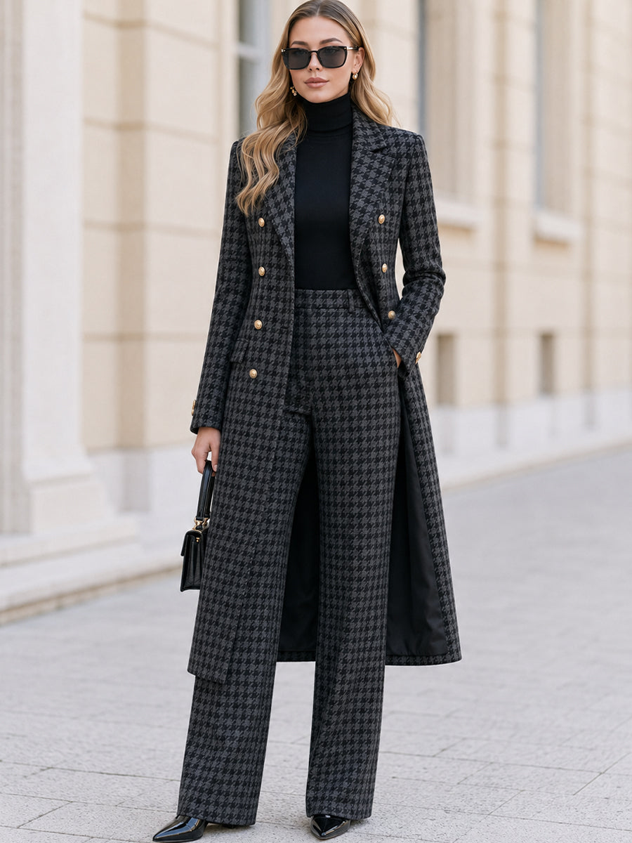 Houndstooth Double‑Breasted Long Coat & Wide‑Leg Pant Two‑Piece Suit