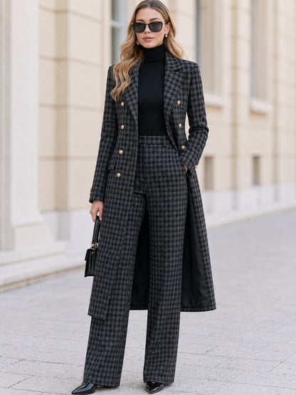 Houndstooth Double‑Breasted Long Coat & Wide‑Leg Pant Two‑Piece Suit