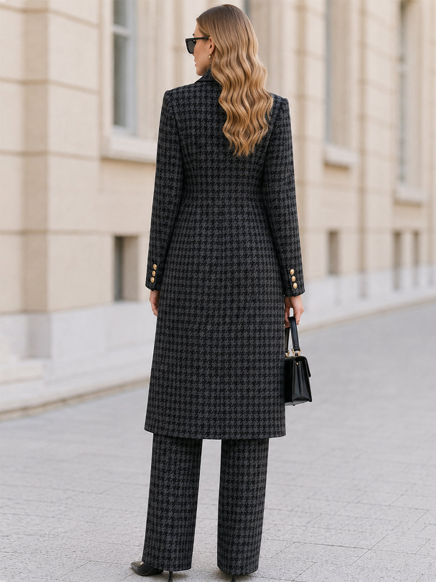 Houndstooth Double‑Breasted Long Coat & Wide‑Leg Pant Two‑Piece Suit