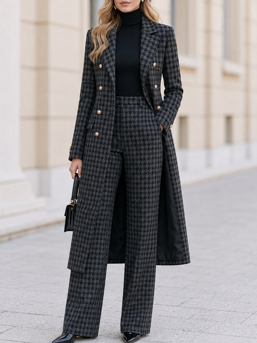 Houndstooth Double‑Breasted Long Coat & Wide‑Leg Pant Two‑Piece Suit