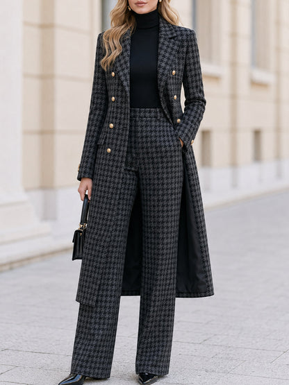 Houndstooth Double‑Breasted Long Coat & Wide‑Leg Pant Two‑Piece Suit