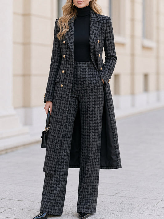 Houndstooth Double‑Breasted Long Coat & Wide‑Leg Pant Two‑Piece Suit