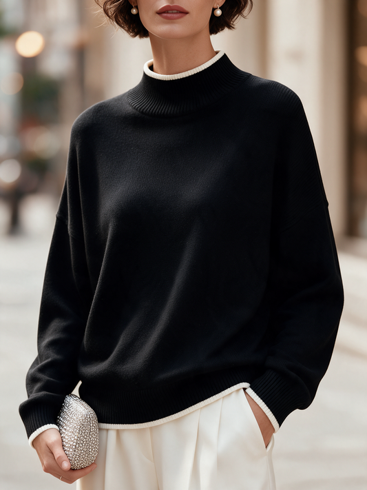 Women's Contrast Trim Mock Neck Long Sleeve Knit Sweater