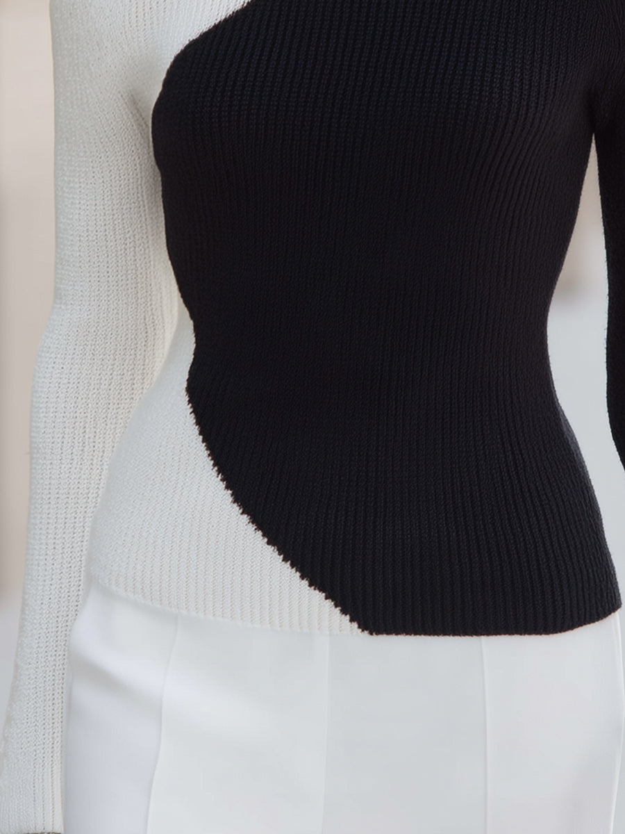 Turtleneck Cold-Shoulder Ribbed Knit Top With Diagonal Colorblock