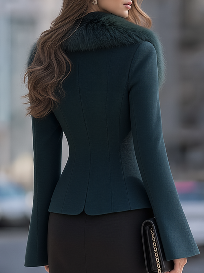 Deep Teal Faux Fur Shawl Collar Flared Sleeve Short Coat