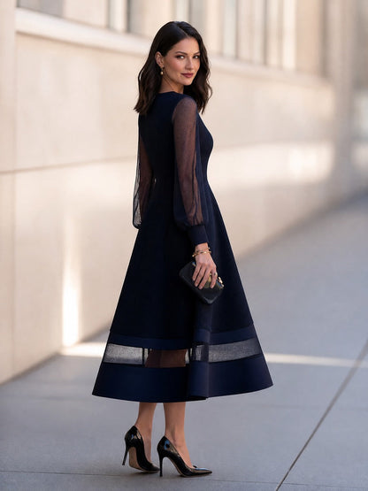 Elegant Mesh Sleeve A-Line Midi Dress with Sheer Panel Hem
