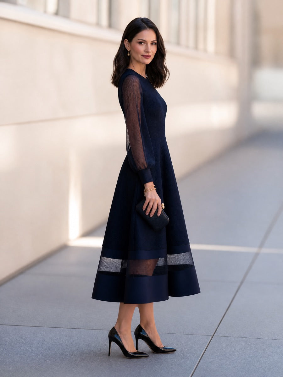 Elegant Mesh Sleeve A-Line Midi Dress with Sheer Panel Hem