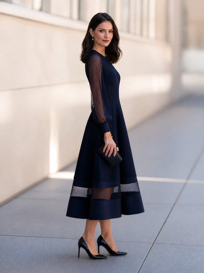 Elegant Mesh Sleeve A-Line Midi Dress with Sheer Panel Hem