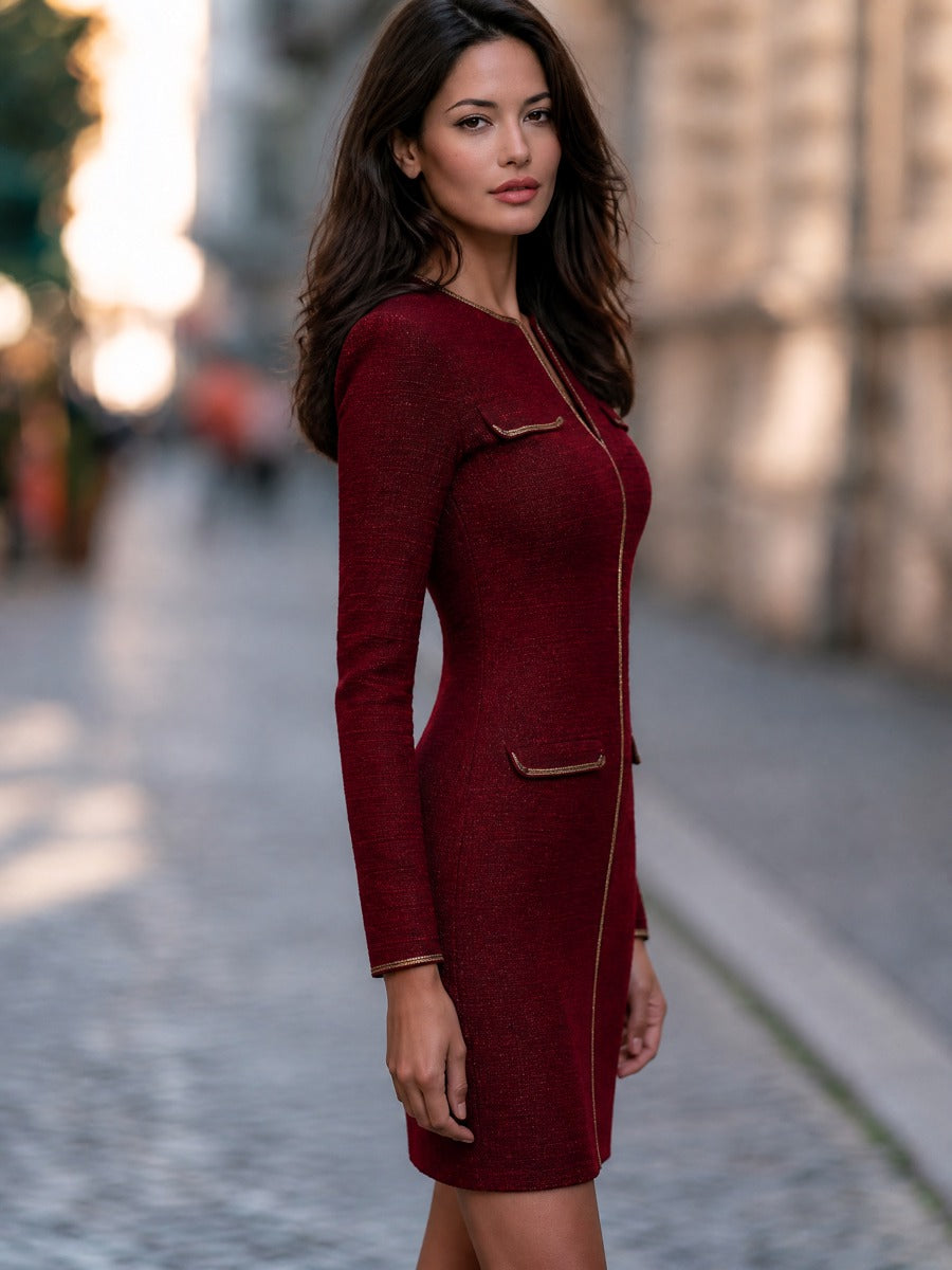 Tweed Gold Trim Long Sleeve Mini Dress