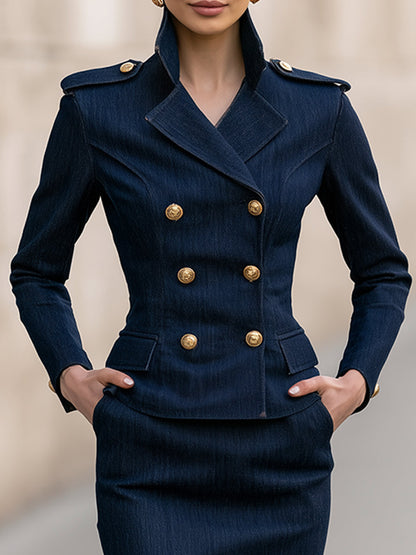 Military-Inspired Denim Blazer & Midi Skirt Set