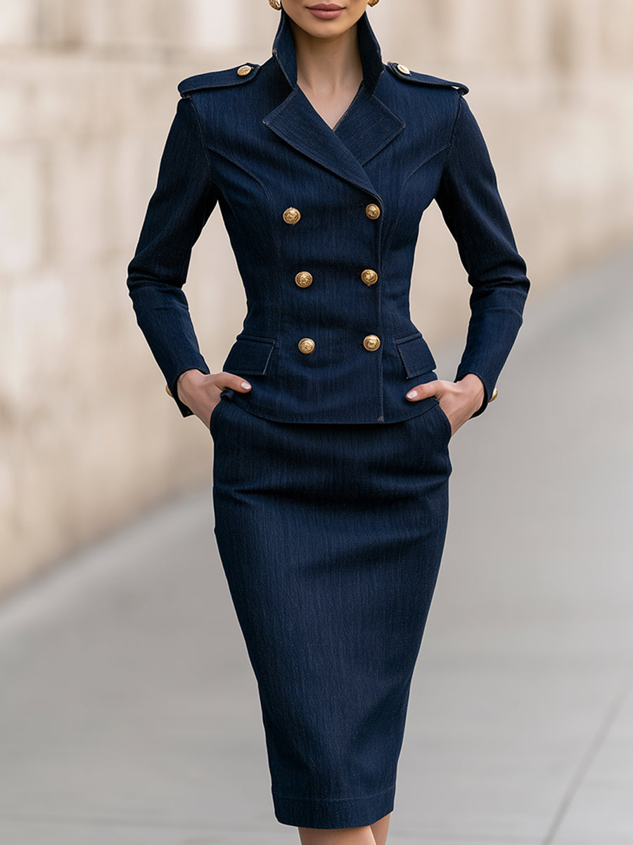 Military-Inspired Denim Blazer & Midi Skirt Set