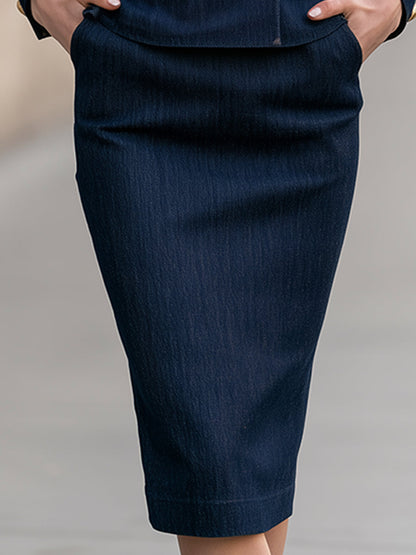 Military-Inspired Denim Blazer & Midi Skirt Set
