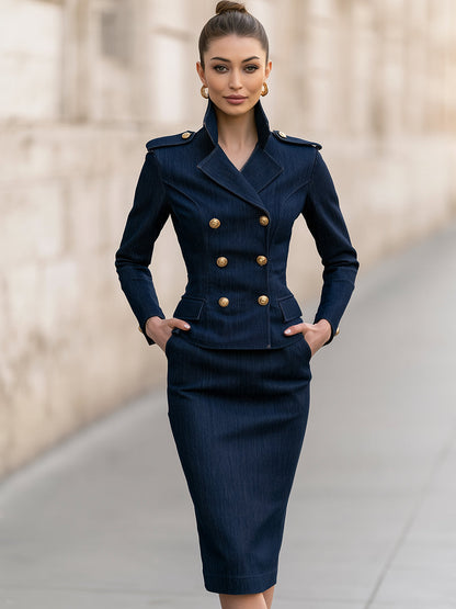 Military-Inspired Denim Blazer & Midi Skirt Set