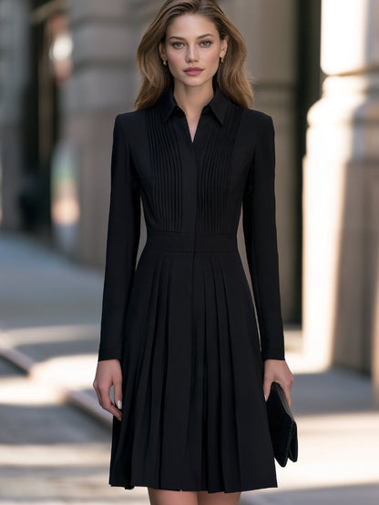 Pointed Shirt Collar Pleated A-Line Midi Dress