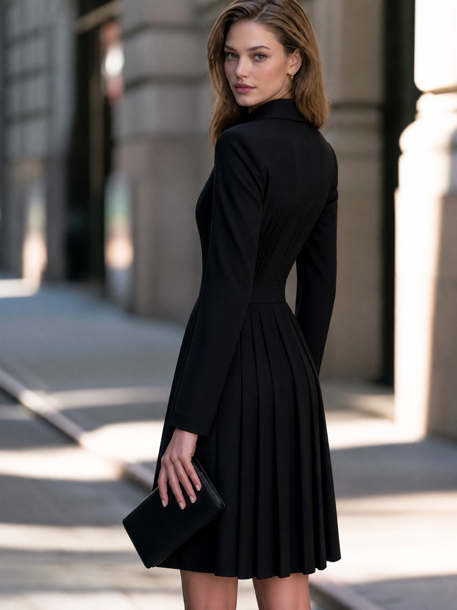 Pointed Shirt Collar Pleated A-Line Midi Dress