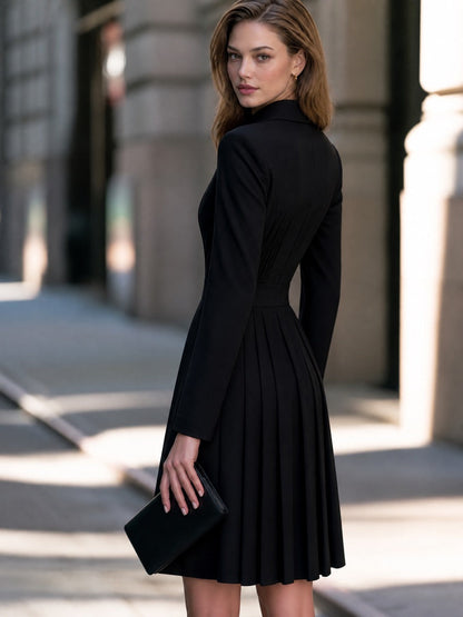 Pointed Shirt Collar Pleated A-Line Midi Dress