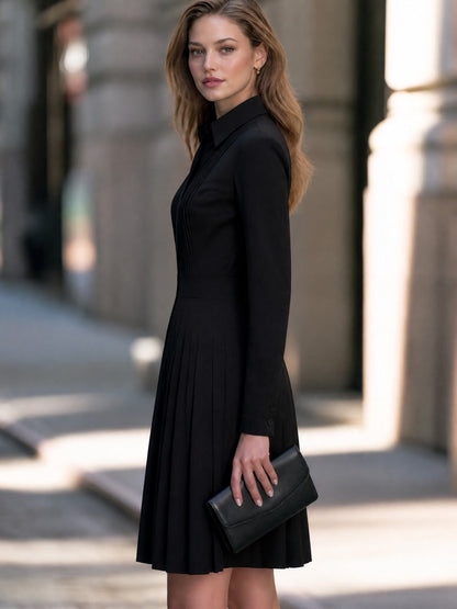 Pointed Shirt Collar Pleated A-Line Midi Dress