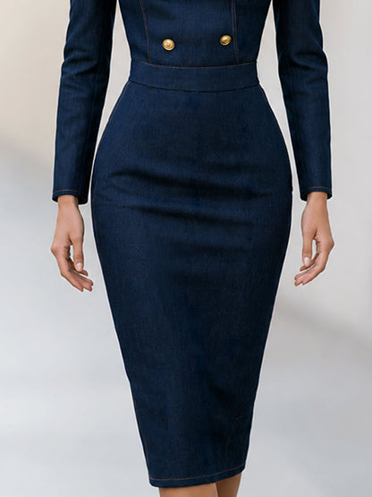 Military-style Double-breasted Denim Two-piece Set (jacket And Skirt)