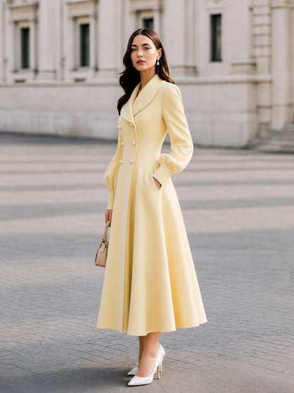 Elegant Double-Breasted Lantern Sleeve Long Coat Dress