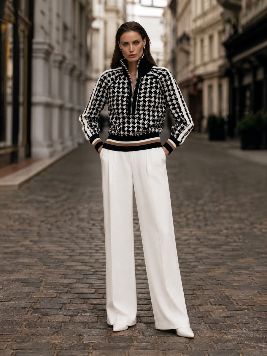 Houndstooth Quarter-Zip Knit Sweater