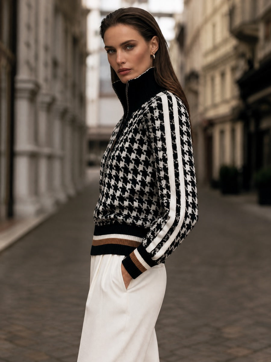 Houndstooth Quarter-Zip Knit Sweater