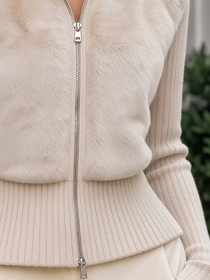 Faux Fur Panel Zip-Up Knit Cardigan
