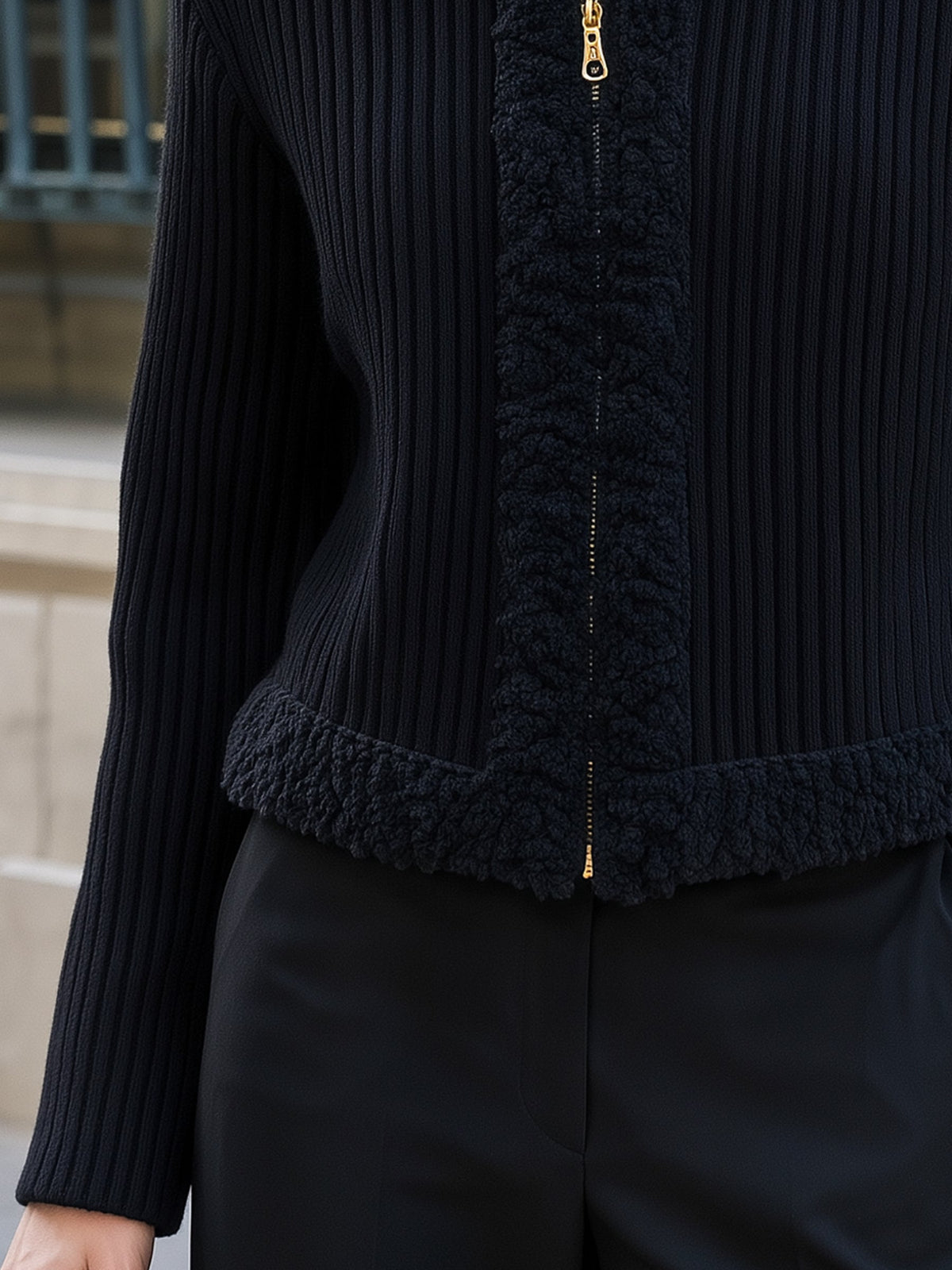 Sherpa Trim Ribbed Zip-Up Cardigan