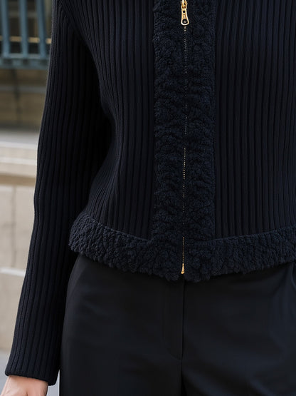 Sherpa Trim Ribbed Zip-Up Cardigan