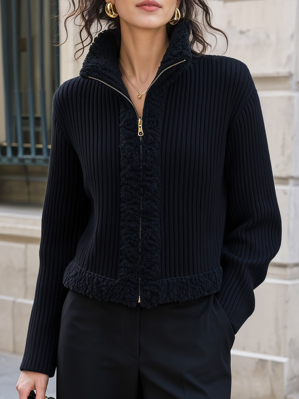 Sherpa Trim Ribbed Zip-Up Cardigan