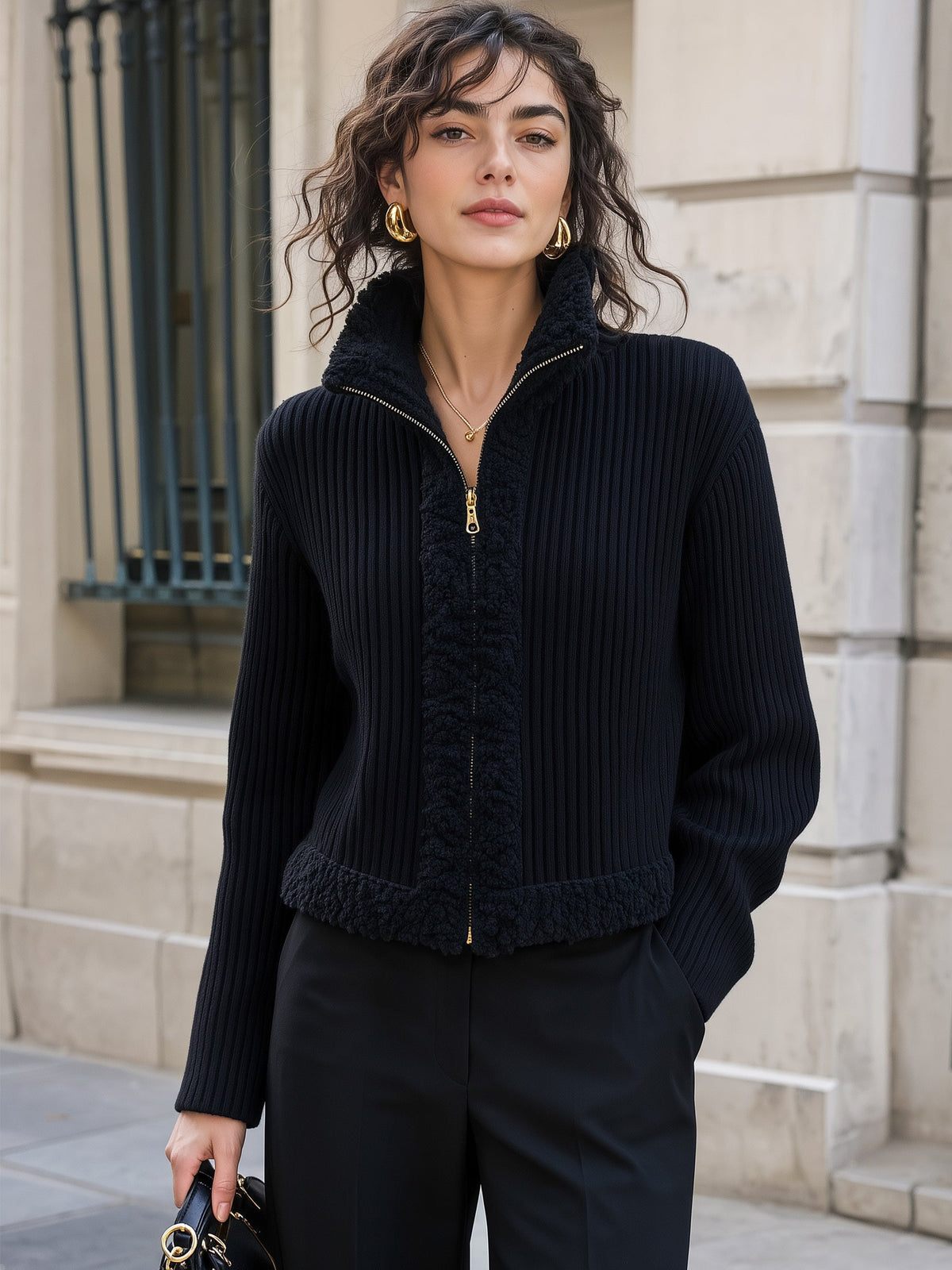Sherpa Trim Ribbed Zip-Up Cardigan